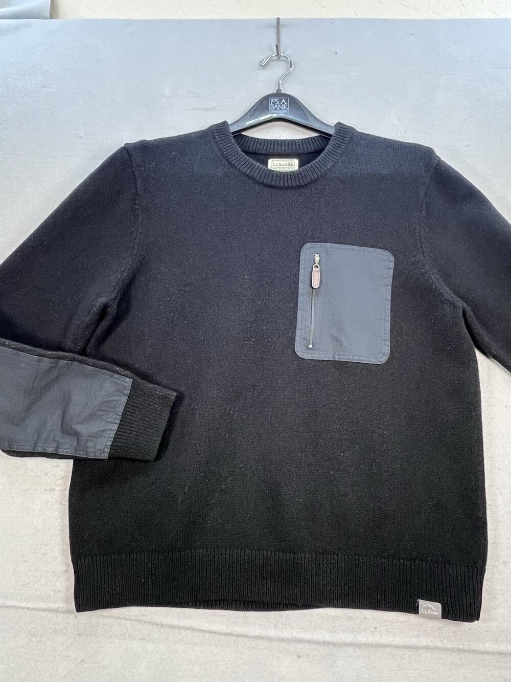 LL Bean Mens XL Merino Wool Cotton Sweater Black Crewneck Zip Pocket Outdoor